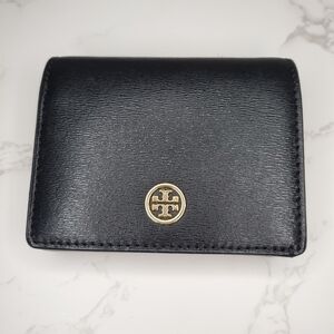 Black Leather Tory Burch Parker Foldable Mini Wallet